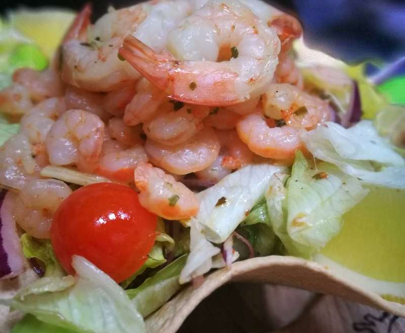 Caribbean shrimp salad in edible taco plate